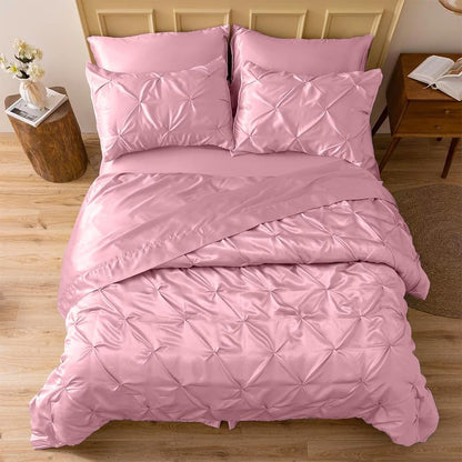 Silk Satin Pinch Pleat Duvet Cover Set – 3-Piece Elegant Pintuck Bedding Set with Zipper Closure