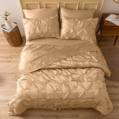 Silk Satin Pinch Pleat Duvet Cover Set – 3-Piece Elegant Pintuck Bedding Set with Zipper Closure