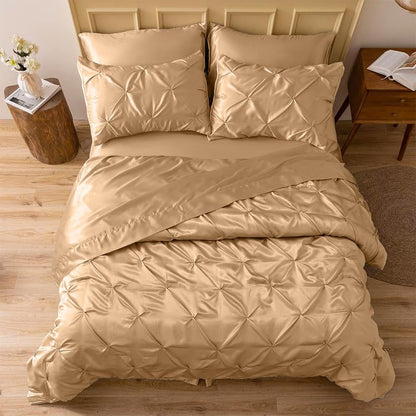Silk Satin Pinch Pleat Duvet Cover Set – 3-Piece Elegant Pintuck Bedding Set with Zipper Closure