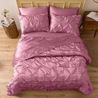 Silk Satin Pinch Pleat Duvet Cover Set – 3-Piece Elegant Pintuck Bedding Set with Zipper Closure