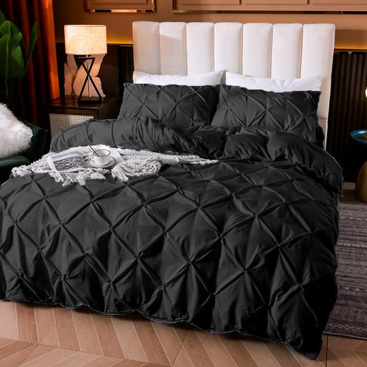 Cotton 600 Thread Count, Luxurious Pleated Design Duvet Cover With 2 Pillowcase