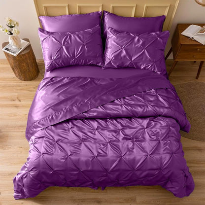 Silk Satin Pinch Pleat Duvet Cover Set – 3-Piece Elegant Pintuck Bedding Set with Zipper Closure