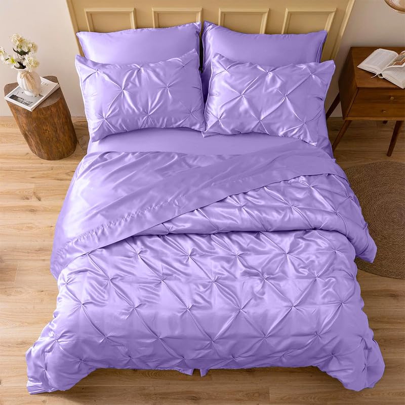 Silk Satin Pinch Pleat Duvet Cover Set – 3-Piece Elegant Pintuck Bedding Set with Zipper Closure