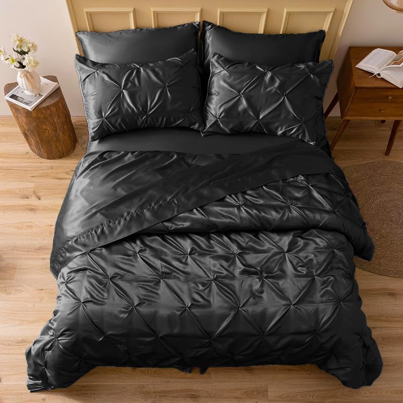 Silk Satin Pinch Pleat Duvet Cover Set – 3-Piece Elegant Pintuck Bedding Set with Zipper Closure