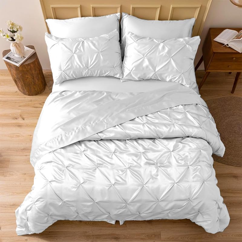 Silk Satin Pinch Pleat Duvet Cover Set – 3-Piece Elegant Pintuck Bedding Set with Zipper Closure