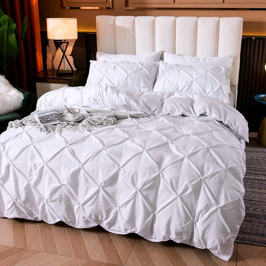 Cotton 600 Thread Count, Luxurious Pleated Design Duvet Cover With 2 Pillowcase