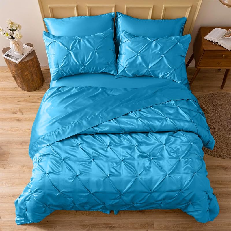 Silk Satin Pinch Pleat Duvet Cover Set – 3-Piece Elegant Pintuck Bedding Set with Zipper Closure