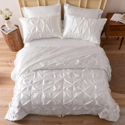 Silk Satin Pinch Pleat Duvet Cover Set – 3-Piece Elegant Pintuck Bedding Set with Zipper Closure