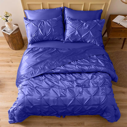 Silk Satin Pinch Pleat Duvet Cover Set – 3-Piece Elegant Pintuck Bedding Set with Zipper Closure