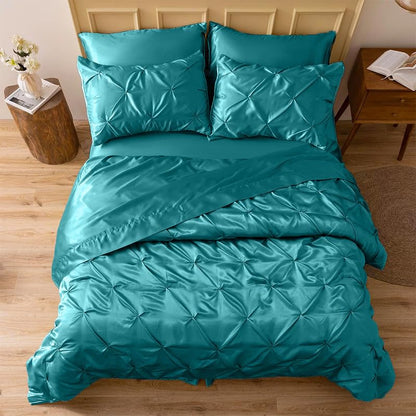 Silk Satin Pinch Pleat Duvet Cover Set – 3-Piece Elegant Pintuck Bedding Set with Zipper Closure