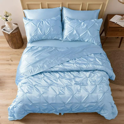 Silk Satin Pinch Pleat Duvet Cover Set – 3-Piece Elegant Pintuck Bedding Set with Zipper Closure
