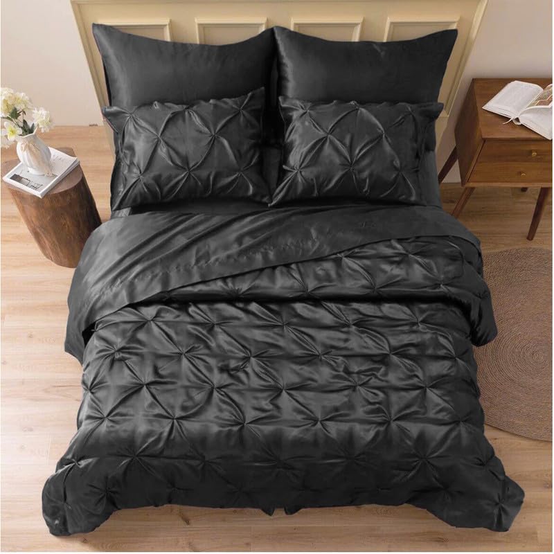 Silk Satin Pinch Pleat Duvet Cover Set – 3-Piece Elegant Pintuck Bedding Set with Zipper Closure