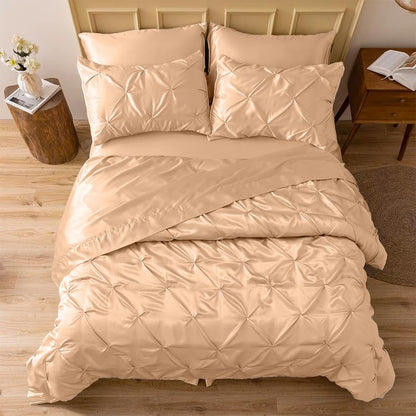 Silk Satin Pinch Pleat Duvet Cover Set – 3-Piece Elegant Pintuck Bedding Set with Zipper Closure