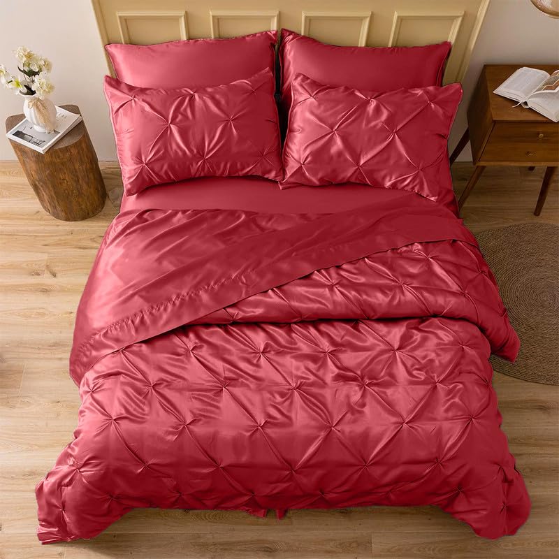 Silk Satin Pinch Pleat Duvet Cover Set – 3-Piece Elegant Pintuck Bedding Set with Zipper Closure