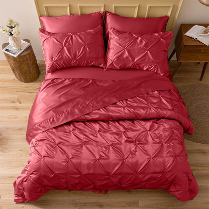 Silk Satin Pinch Pleat Duvet Cover Set – 3-Piece Elegant Pintuck Bedding Set with Zipper Closure