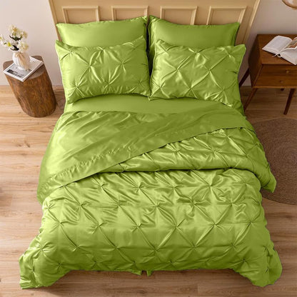 Silk Satin Pinch Pleat Duvet Cover Set – 3-Piece Elegant Pintuck Bedding Set with Zipper Closure