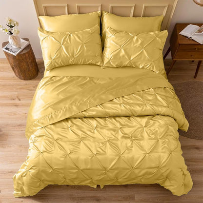 Silk Satin Pinch Pleat Duvet Cover Set – 3-Piece Elegant Pintuck Bedding Set with Zipper Closure