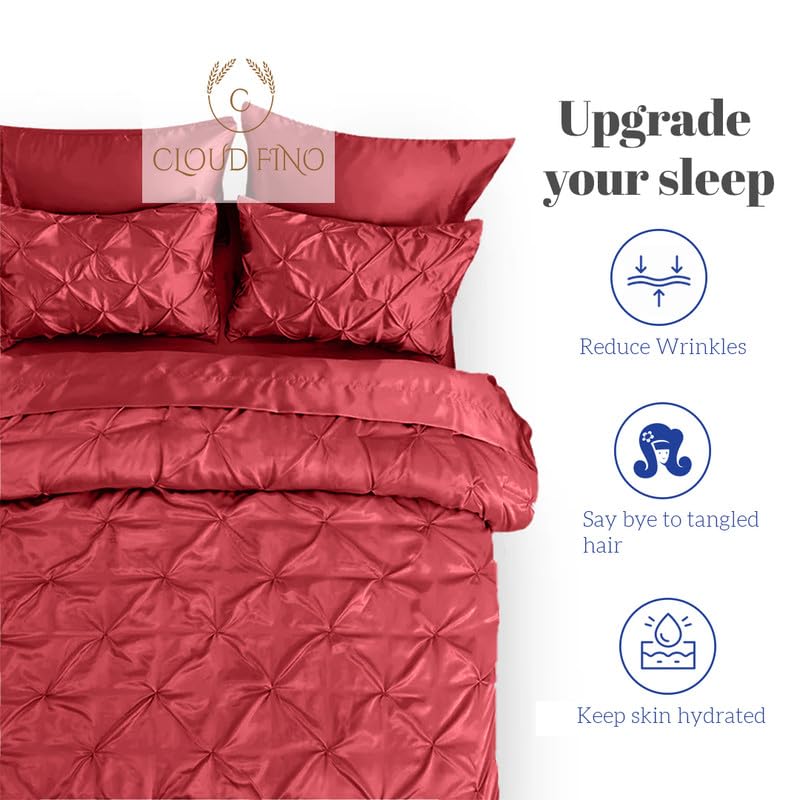 Silk Satin Pinch Pleat Duvet Cover Set – 3-Piece Elegant Pintuck Bedding Set with Zipper Closure