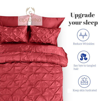 Silk Satin Pinch Pleat Duvet Cover Set – 3-Piece Elegant Pintuck Bedding Set with Zipper Closure
