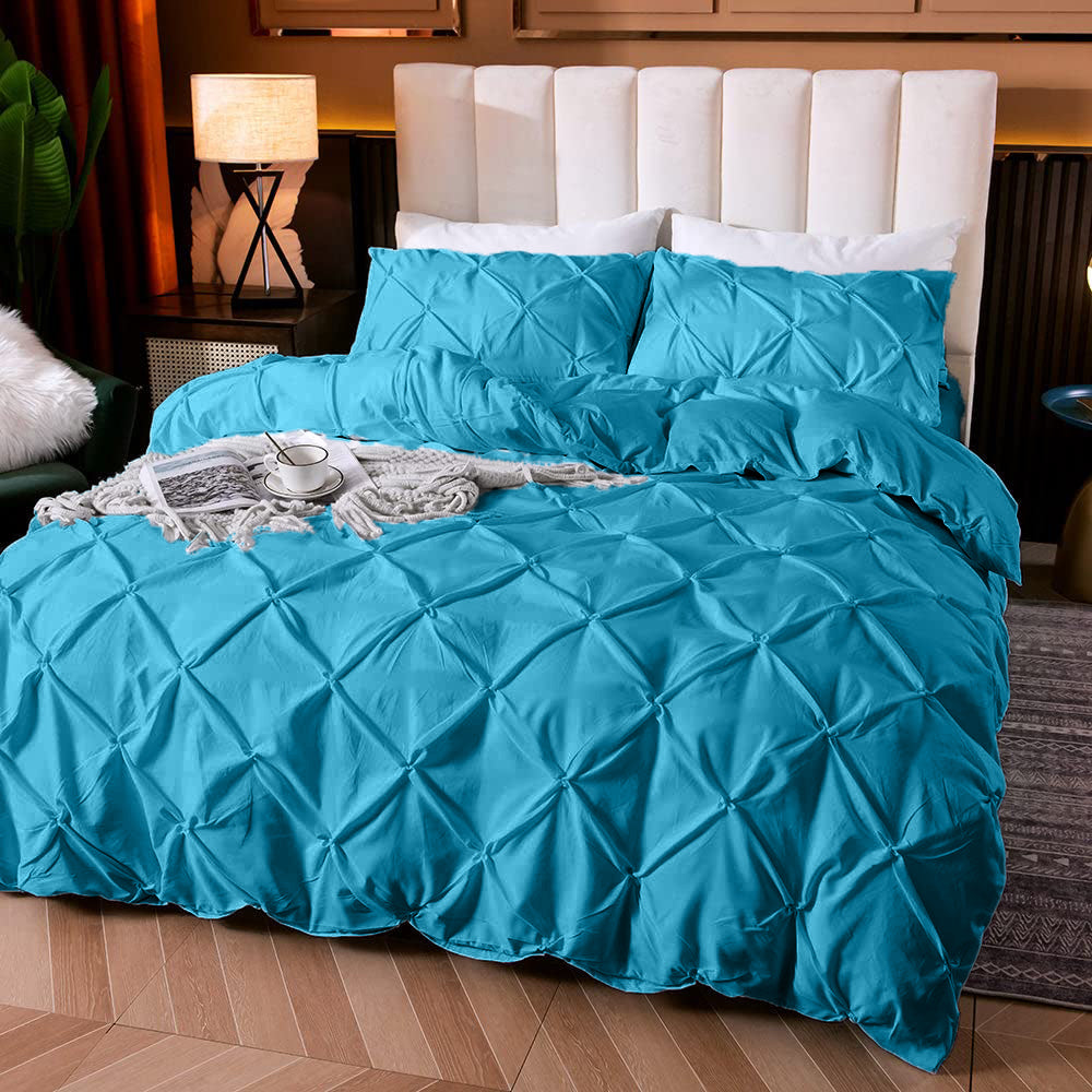 Cotton 600 Thread Count, Luxurious Pleated Design Duvet Cover With 2 Pillowcase