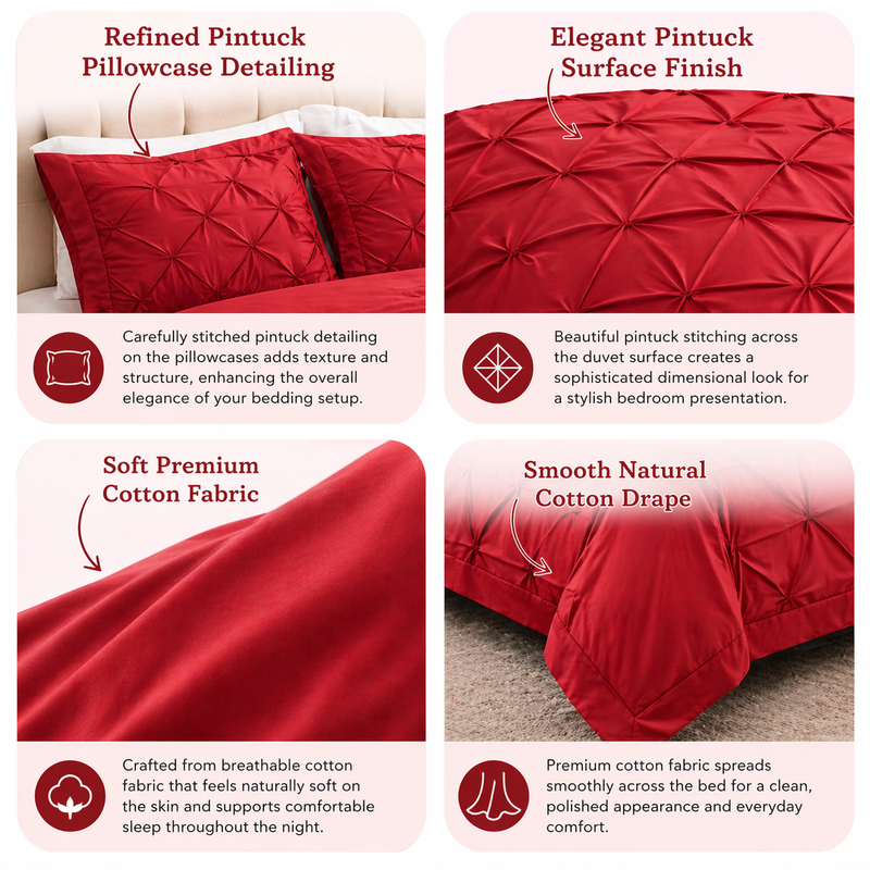 Cotton 600 Thread Count, Luxurious Pleated Design Duvet Cover With 2 Pillowcase Specification