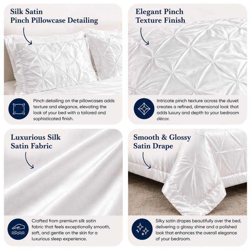 Silk Satin Pinch Pleat Duvet Cover Set – 3-Piece Elegant Pintuck Bedding Set with Zipper Closure Specification