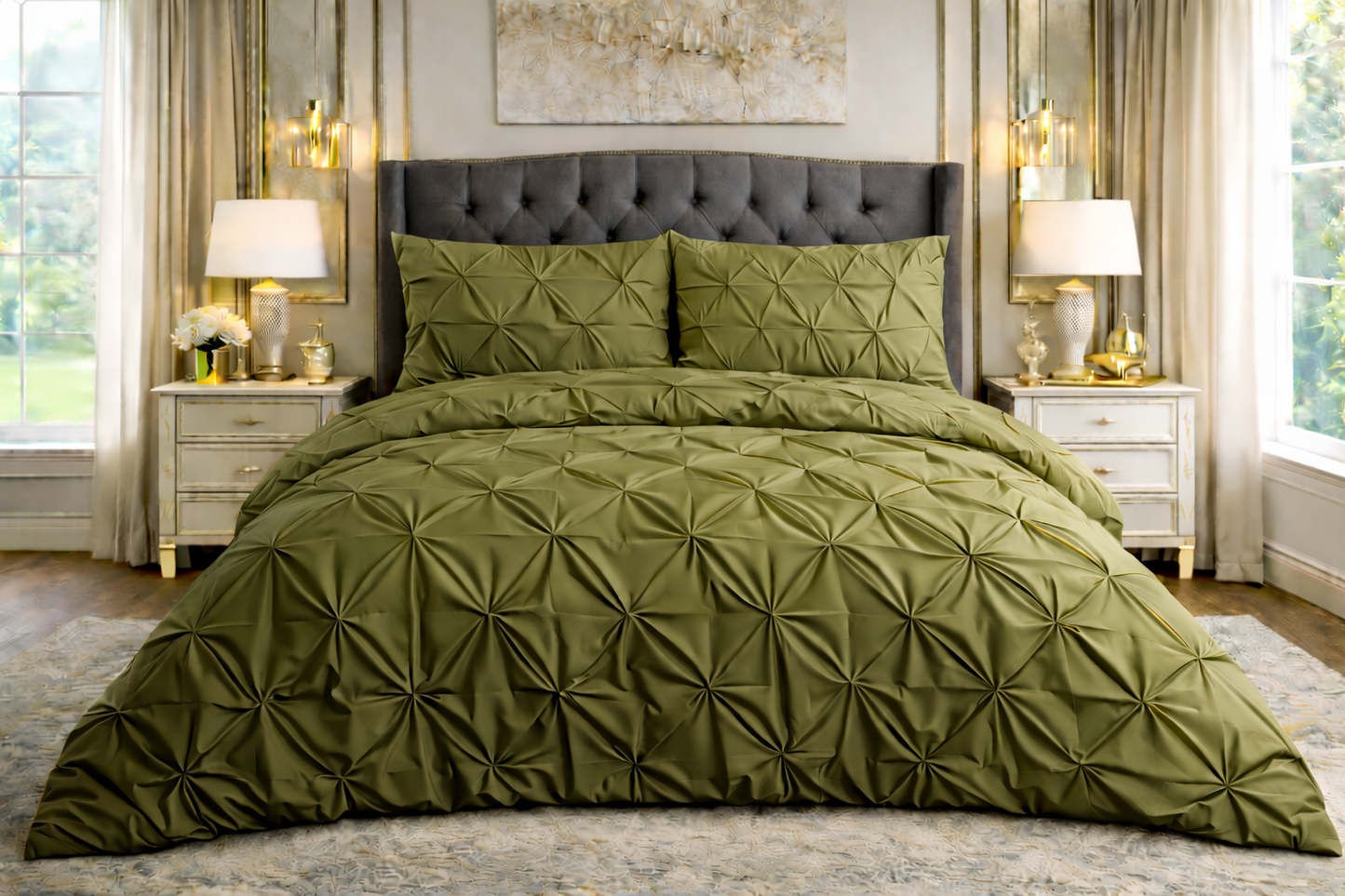 Cotton 600 Thread Count, Luxurious Pleated Design Duvet Cover With 2 Pillowcase