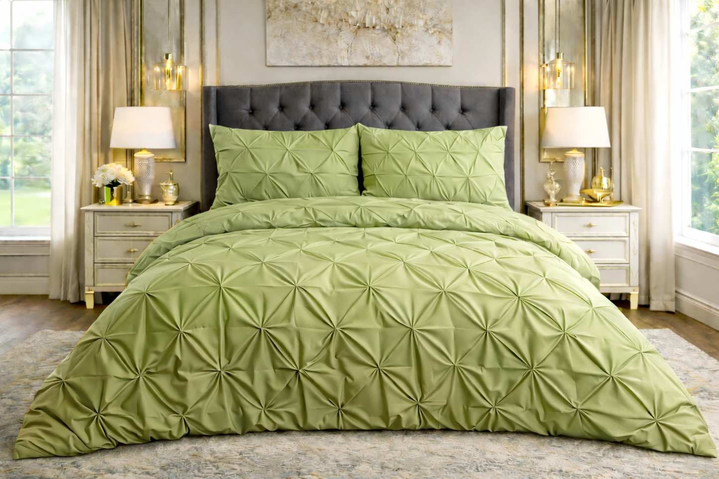 Cotton 600 Thread Count, Luxurious Pleated Design Duvet Cover With 2 Pillowcase