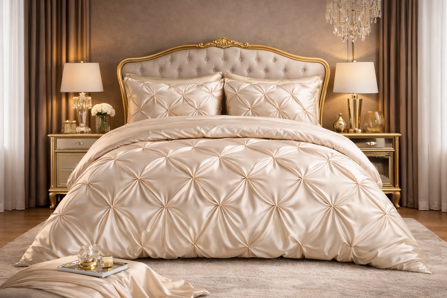 Silk Satin Pinch Pleat Duvet Cover Set – 3-Piece Elegant Pintuck Bedding Set with Zipper Closure