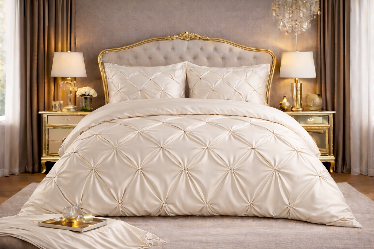 Silk Satin Pinch Pleat Duvet Cover Set – 3-Piece Elegant Pintuck Bedding Set with Zipper Closure