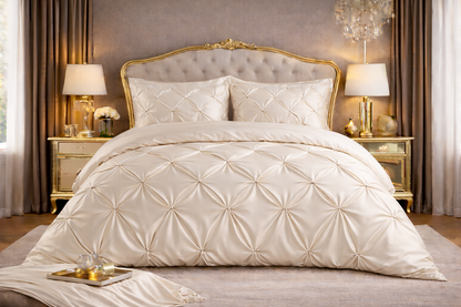 Silk Satin Pinch Pleat Duvet Cover Set – 3-Piece Elegant Pintuck Bedding Set with Zipper Closure