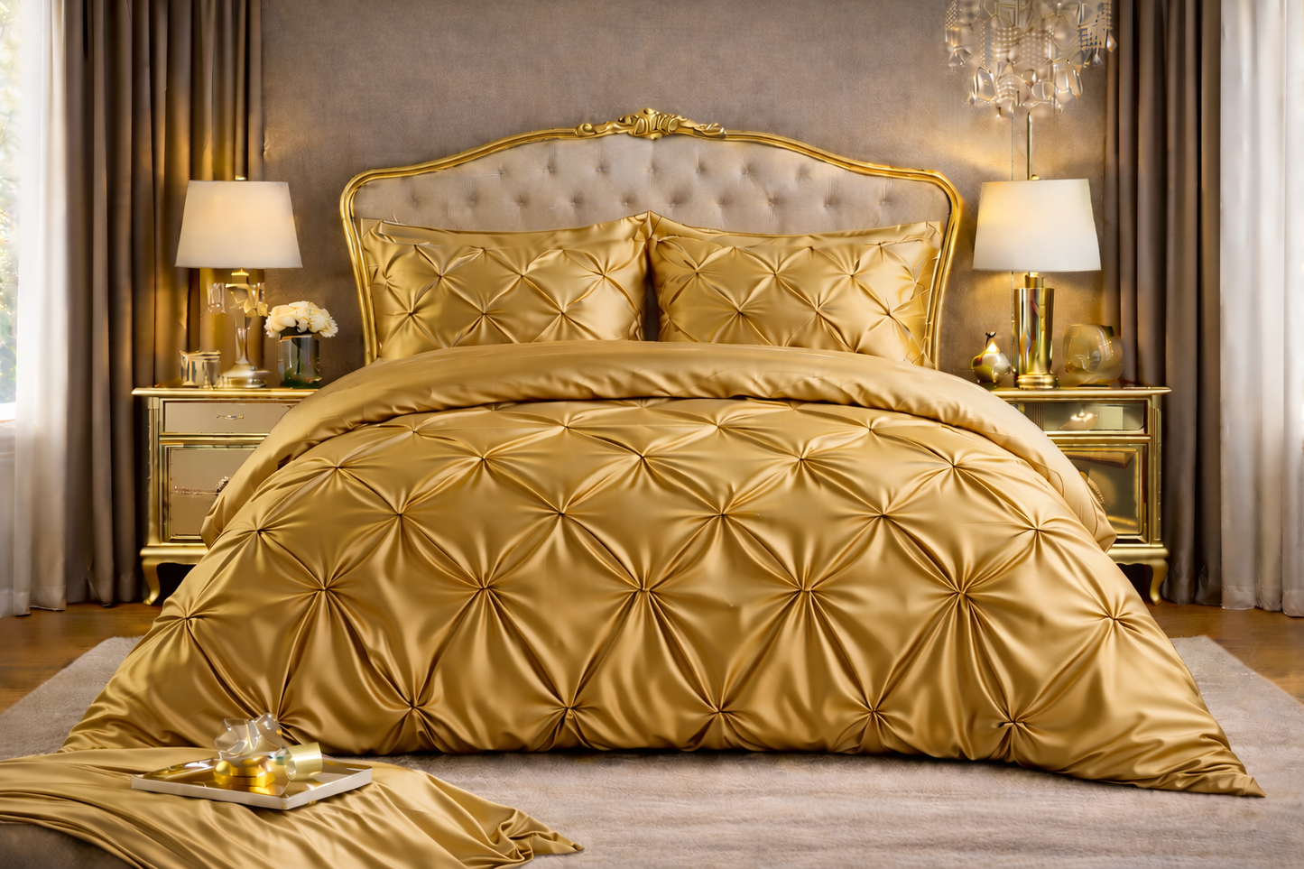 Silk Satin Pinch Pleat Duvet Cover Set – 3-Piece Elegant Pintuck Bedding Set with Zipper Closure