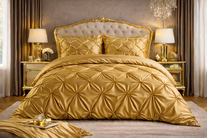 Silk Satin Pinch Pleat Duvet Cover Set – 3-Piece Elegant Pintuck Bedding Set with Zipper Closure