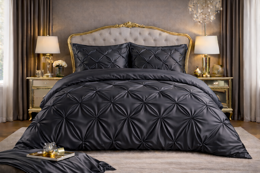 Silk Satin Pinch Pleat Duvet Cover Set – 3-Piece Elegant Pintuck Bedding Set with Zipper Closure