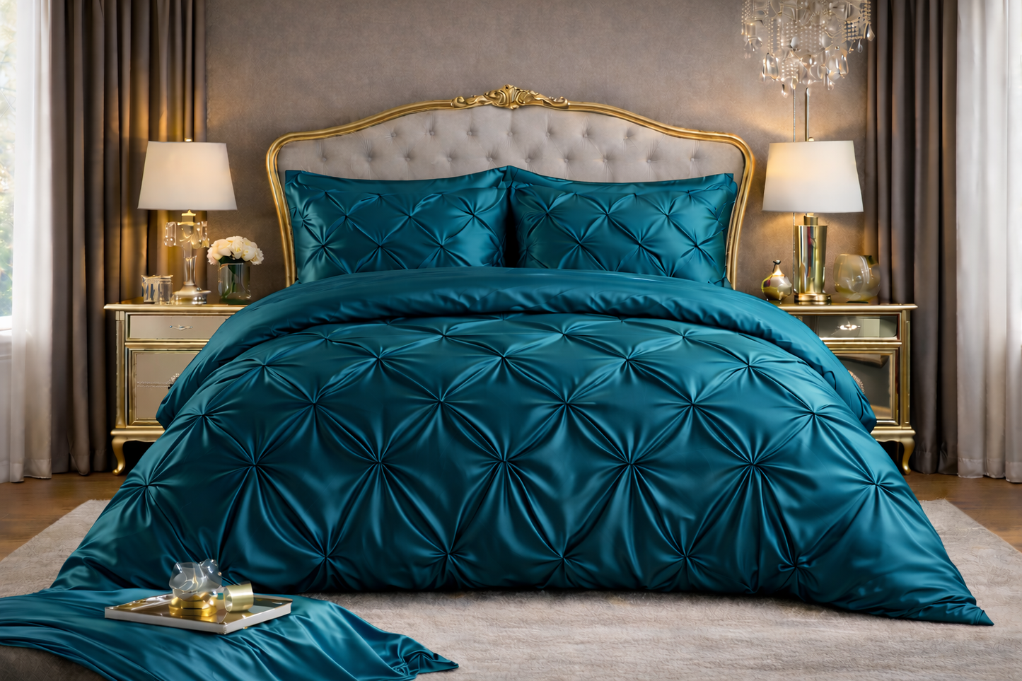 Silk Satin Pinch Pleat Duvet Cover Set – 3-Piece Elegant Pintuck Bedding Set with Zipper Closure