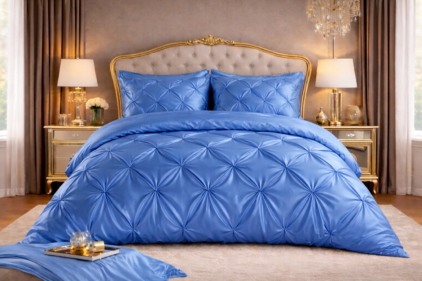 Silk Satin Pinch Pleat Duvet Cover Set – 3-Piece Elegant Pintuck Bedding Set with Zipper Closure