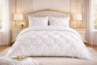 Silk Satin Pinch Pleat Duvet Cover Set – 3-Piece Elegant Pintuck Bedding Set with Zipper Closure