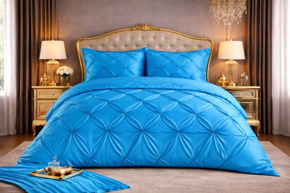 Silk Satin Pinch Pleat Duvet Cover Set – 3-Piece Elegant Pintuck Bedding Set with Zipper Closure