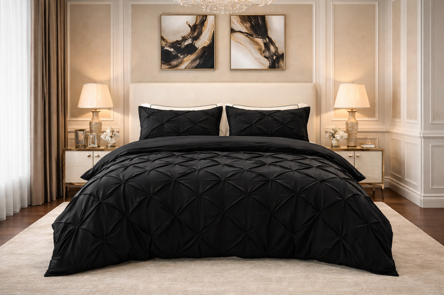 Cotton 600 Thread Count, Luxurious Pleated Design Duvet Cover With 2 Pillowcase