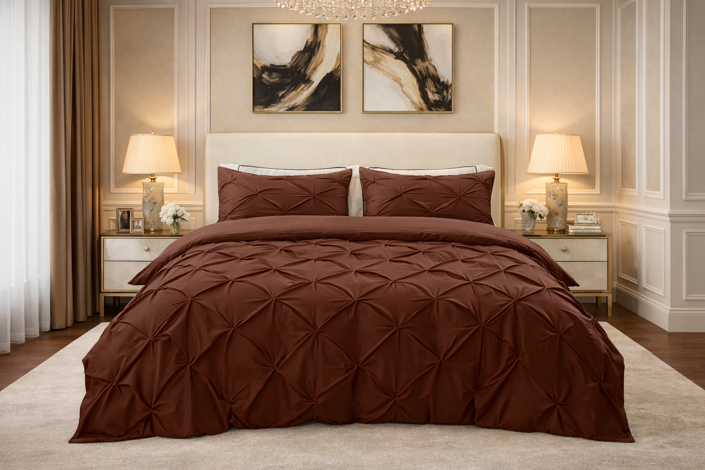 Cotton 600 Thread Count, Luxurious Pleated Design Duvet Cover With 2 Pillowcase