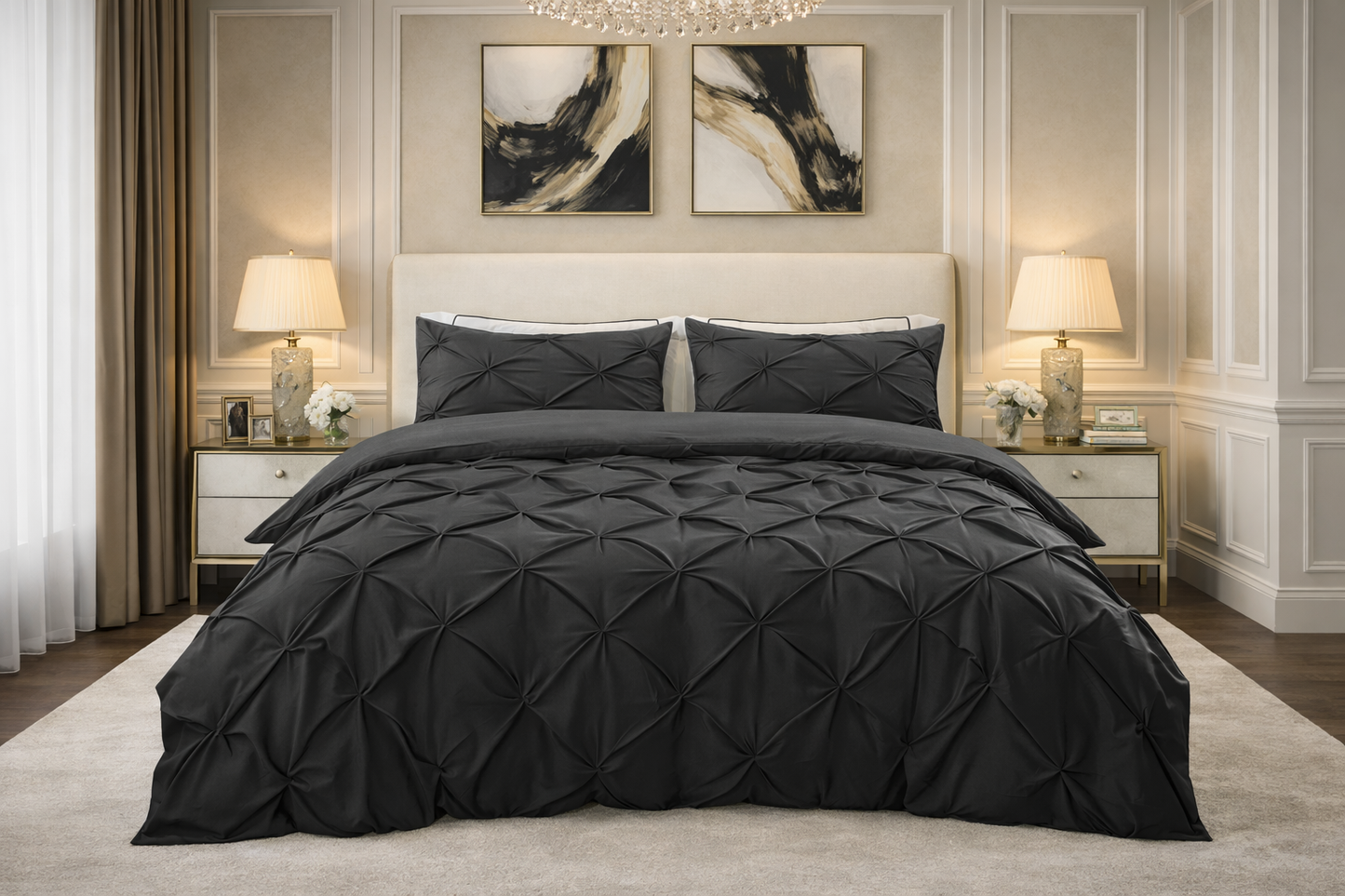 Cotton 600 Thread Count, Luxurious Pleated Design Duvet Cover With 2 Pillowcase