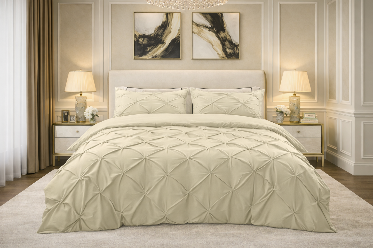 Cotton 600 Thread Count, Luxurious Pleated Design Duvet Cover With 2 Pillowcase
