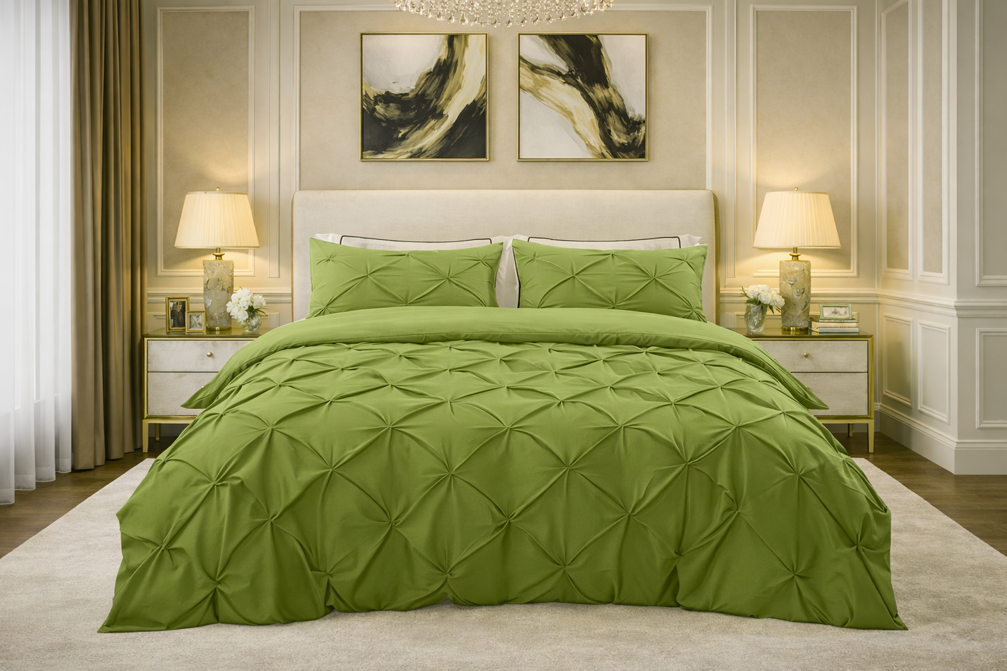 Cotton 600 Thread Count, Luxurious Pleated Design Duvet Cover With 2 Pillowcase