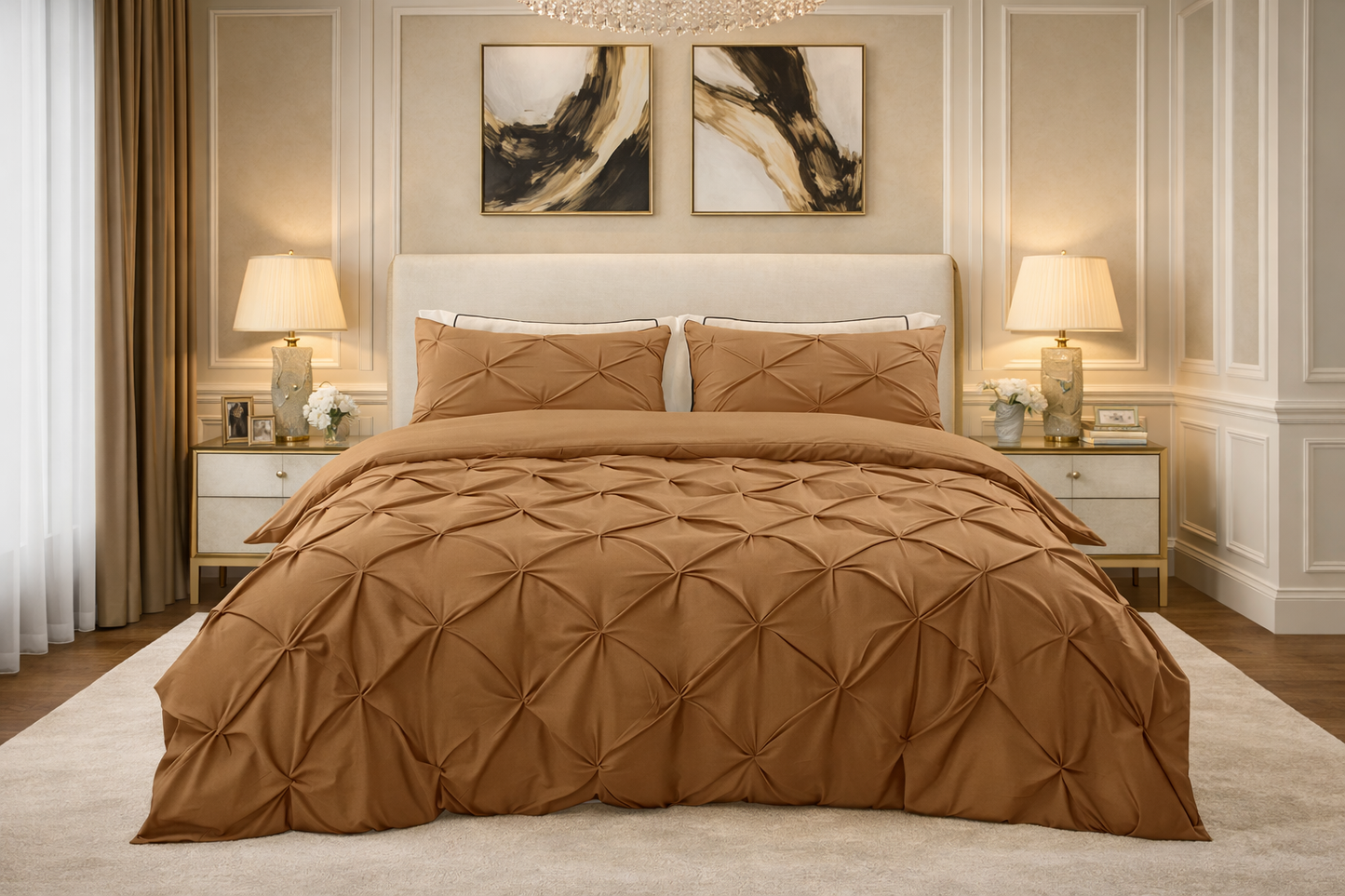 Cotton 600 Thread Count, Luxurious Pleated Design Duvet Cover With 2 Pillowcase