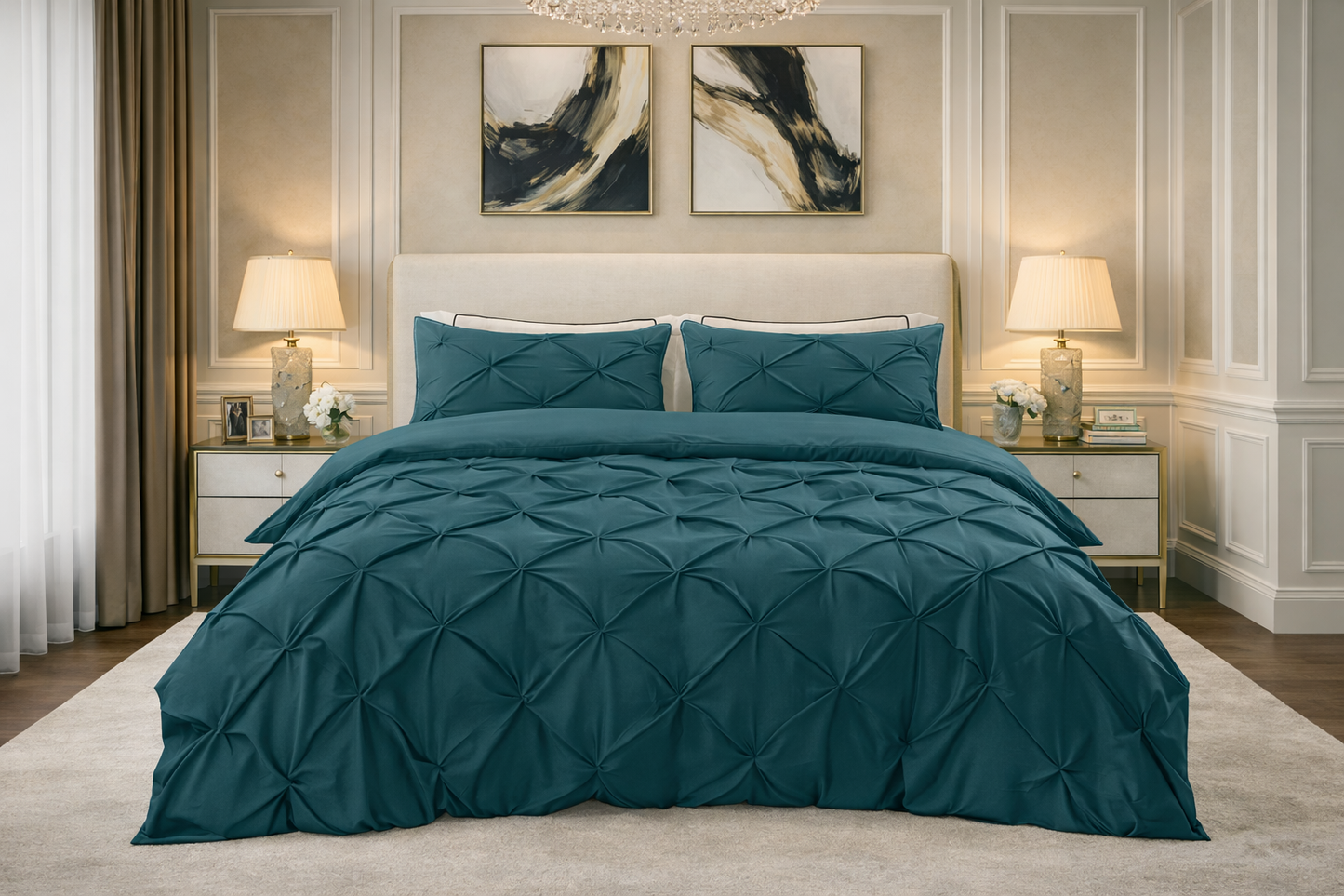 Cotton 600 Thread Count, Luxurious Pleated Design Duvet Cover With 2 Pillowcase