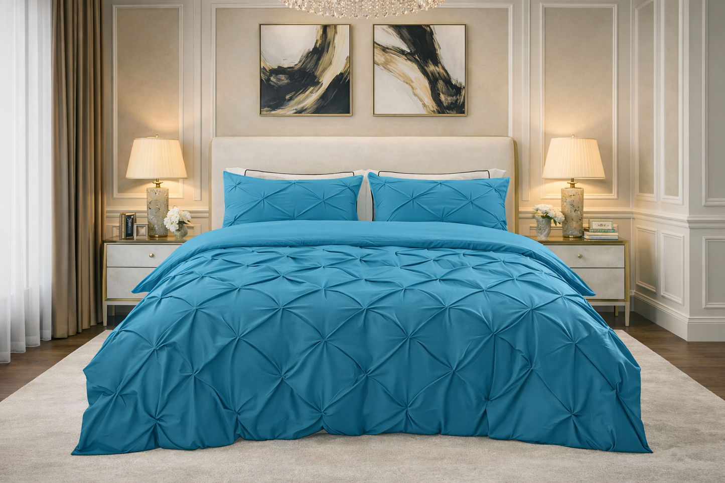 Cotton 600 Thread Count, Luxurious Pleated Design Duvet Cover With 2 Pillowcase