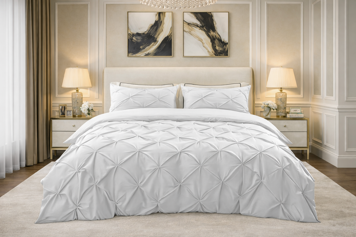 Cotton 600 Thread Count, Luxurious Pleated Design Duvet Cover With 2 Pillowcase
