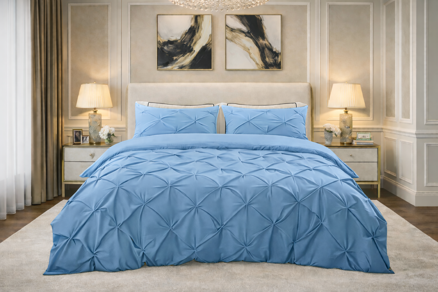 Cotton 600 Thread Count, Luxurious Pleated Design Duvet Cover With 2 Pillowcase