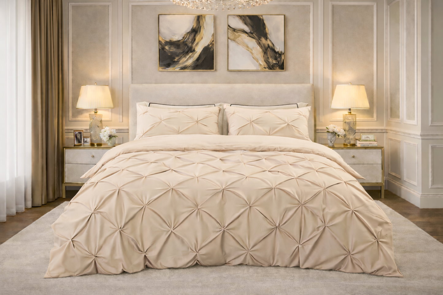 Cotton 600 Thread Count, Luxurious Pleated Design Duvet Cover With 2 Pillowcase